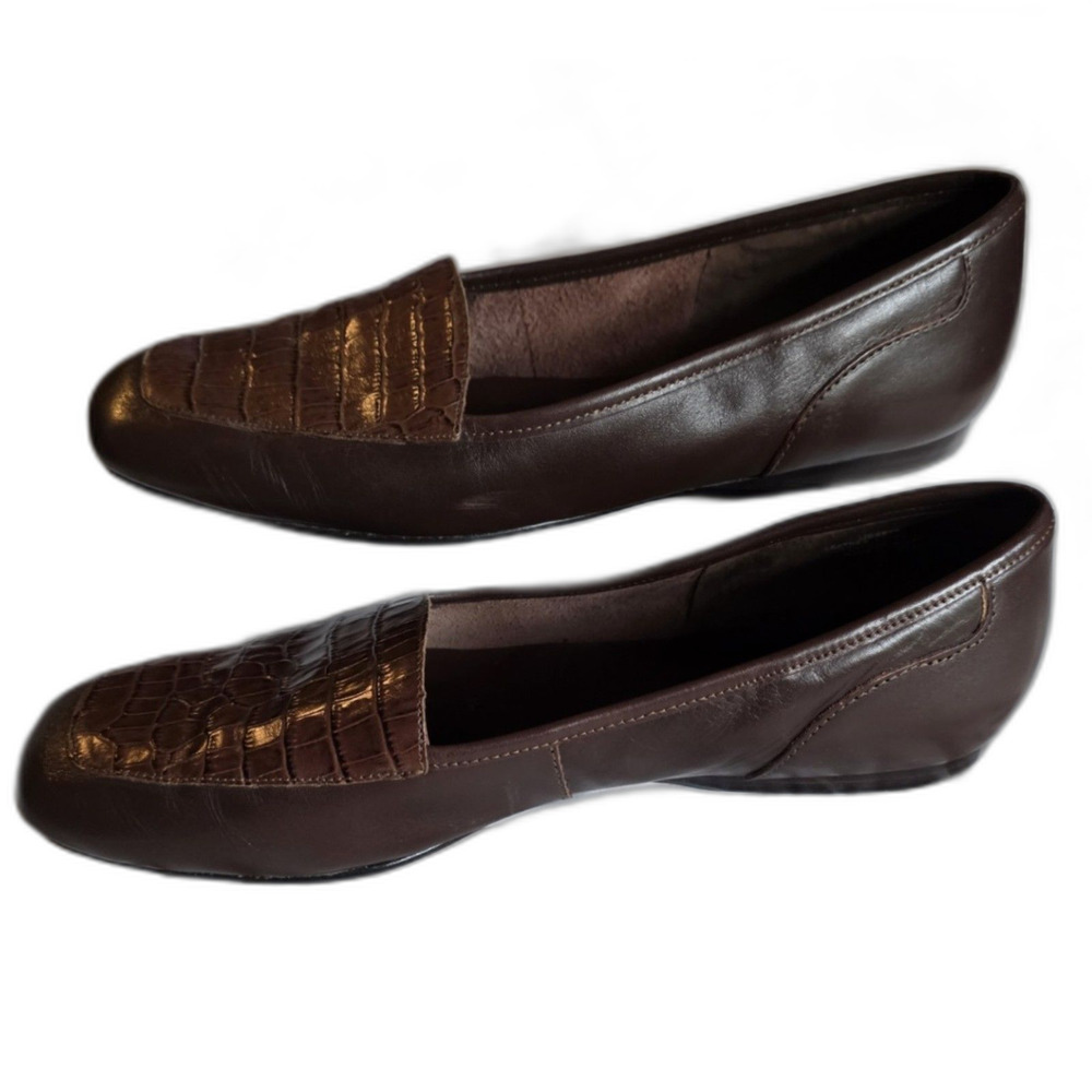 Vtg Enzo Angiolini Liberty Brown Leather Loafers Flats Womens 9N Croc Square Toe - Picture 2 of 4